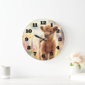 Adorable Baby Highland Cow In Flower Field ラージ壁時計 (ホーム)