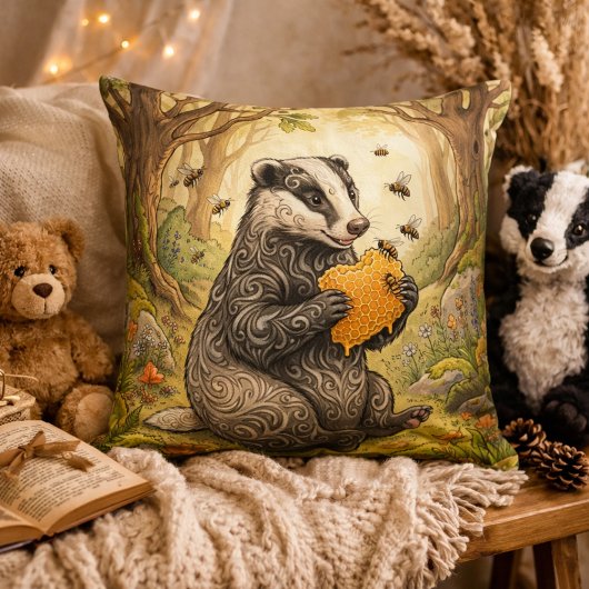 Adorable Badger Eating Honey Forest Animals  クッション