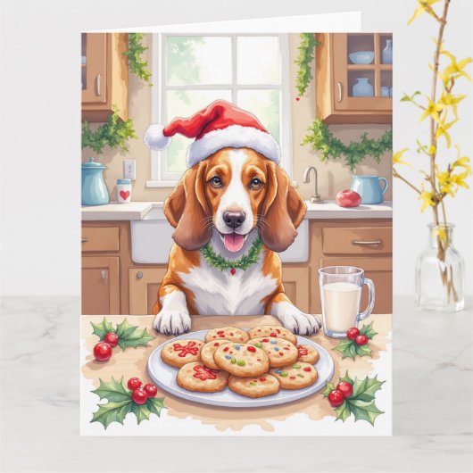 Adorable Basset Hound Sneaking Christmas Cookies カード (黄色い花)