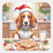Adorable Basset Hound Sneaking Christmas Cookies スクエアシール (正面)
