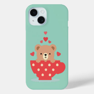 Adorable Bear in a Teacup with Hearts iPhone 15ケース