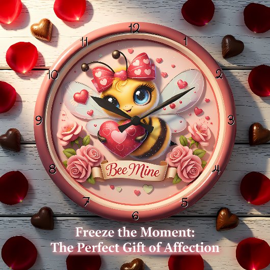 Adorable Bee Mine Valentine ラージ壁時計
