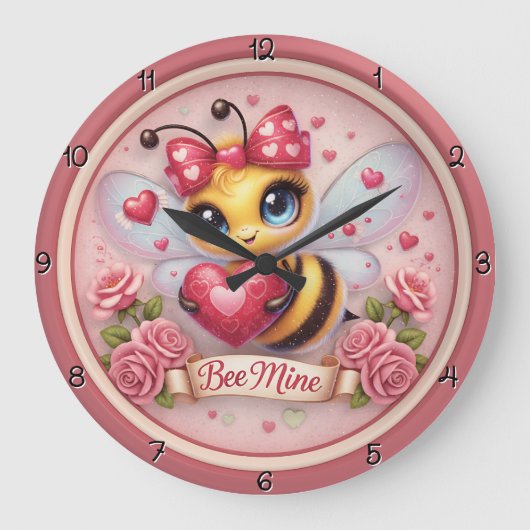 Adorable Bee Mine Valentine ラージ壁時計 (正面)