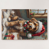 Adorable Bernedoodle Dog Cozy Knitted Santa Hat ジグソーパズル (横)