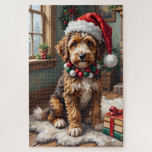 Adorable Bernedoodle Dog Cozy Knitted Santa Hat ジグソーパズル (縦)