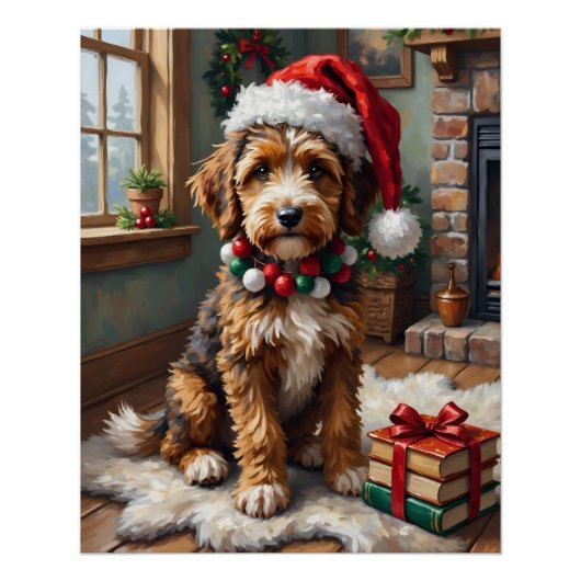 Adorable Bernedoodle Dog Cozy Knitted Santa Hat ポスター (正面)