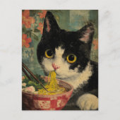Adorable Black and White Cat Eating Noodles ポストカード (正面)