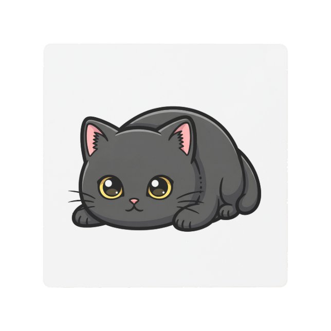 Adorable Black Cat Cute Illustration メタルプリント (正面)