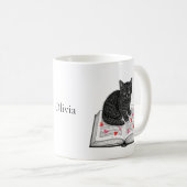 Adorable Black Cat Kitten on Book Custom Name コーヒーマグカップ (正面右)