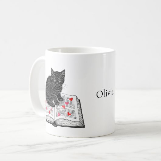 Adorable Black Cat Kitten on Book Custom Name コーヒーマグカップ (正面左)