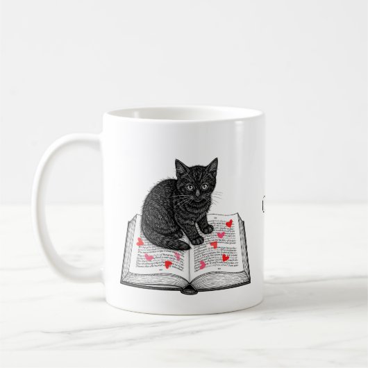 Adorable Black Cat Kitten on Book Custom Name コーヒーマグカップ (左)