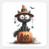 Adorable Black Cat Witch on 'Boo' Pumpkin Sticker スクエアシール (正面)