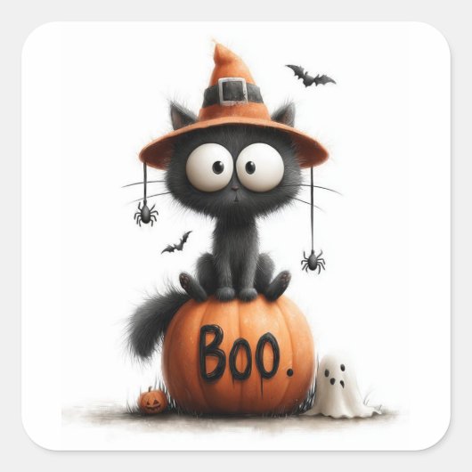 Adorable Black Cat Witch on 'Boo' Pumpkin Sticker スクエアシール (正面)