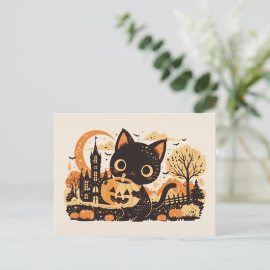 Adorable Black Cat with Jack-o’-lantern シーズンポストカード (スタンド正面)