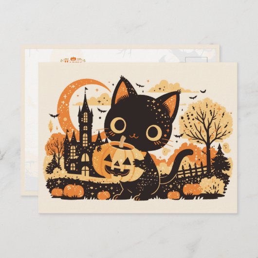 Adorable Black Cat with Jack-o’-lantern シーズンポストカード (正面/裏面)