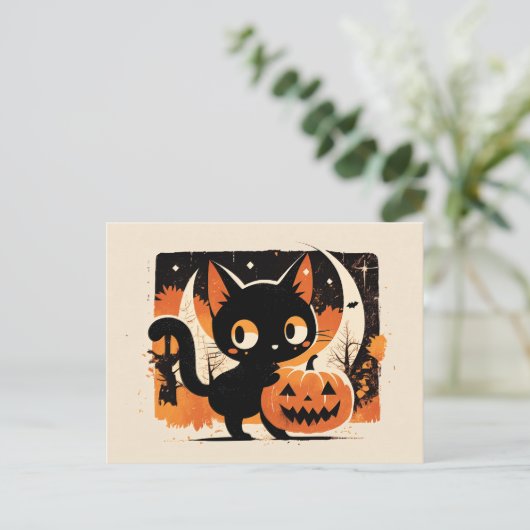 Adorable Black Cat with Jack-o’-lantern ポストカード (スタンド正面)