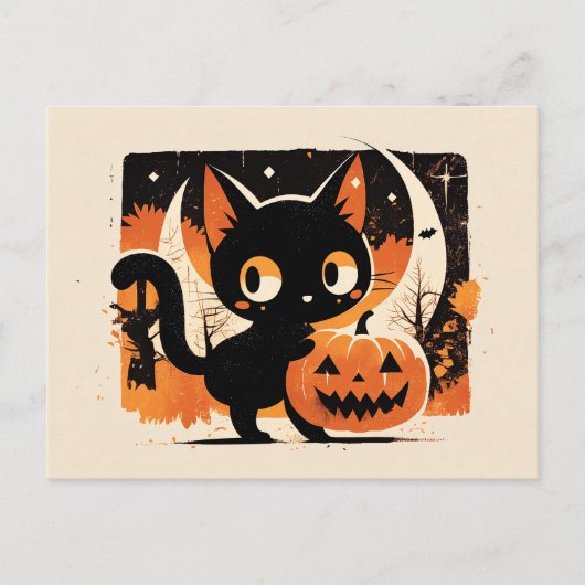 Adorable Black Cat with Jack-o’-lantern ポストカード (正面)