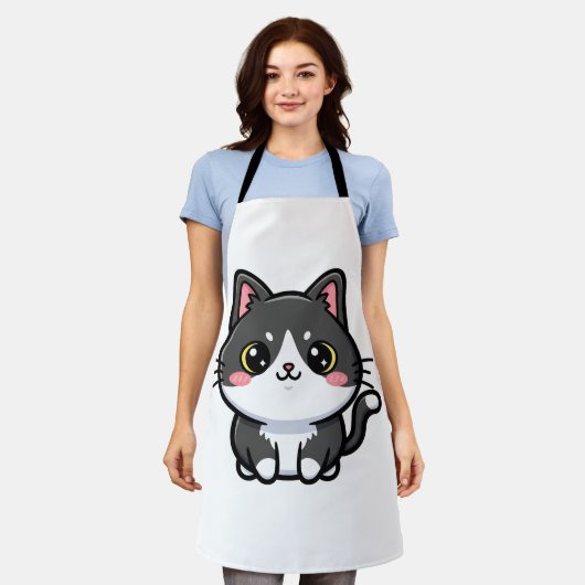 Adorable Black White Kawaii Kitten エプロン (着用した状態)