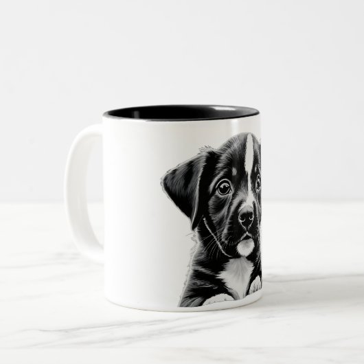 Adorable Black & White Puppy Mug - Perfect Gift ツートーンマグカップ (正面左)