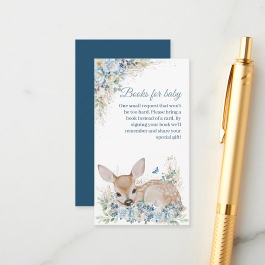 Adorable Blue and Beige Floral Deer Baby Shower エンクロージャーカード (正面/裏面インサイチュ)