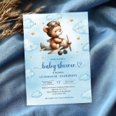 Adorable blue aviator teddy bear boy baby shower  招待状