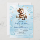Adorable blue aviator teddy bear boy baby shower  招待状 (正面)