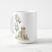 ADORABLE BLUE FLAMINGO ON THE BEACH WITH SUNCASTLE コーヒーマグカップ (正面左)
