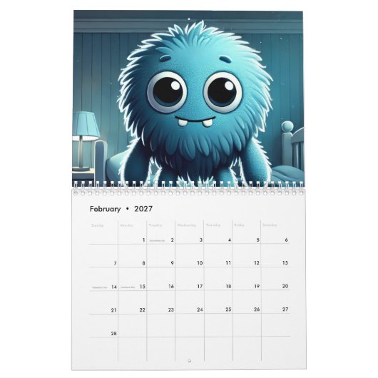 Adorable Blue Fluffy Creature カレンダー (2月 2027)