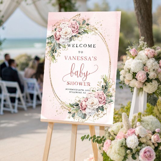Adorable Blush Pink Floral Baby Shower Welcome Sig ポスター