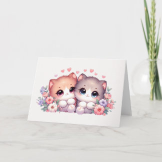 Adorable Blushing Kitten Pair Heart & Floral Blank カード