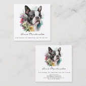 Adorable Boston Terrier and Flowers Watercolor スクエア名刺 (正面/裏面)