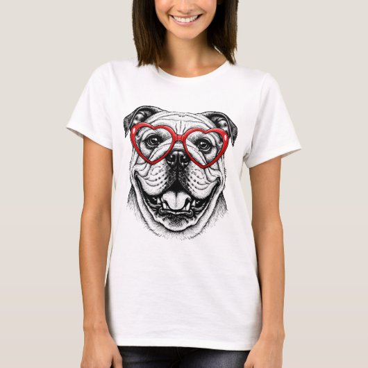 Adorable Bulldog in Red Heart Glasses - Love Dog  Tシャツ (正面)