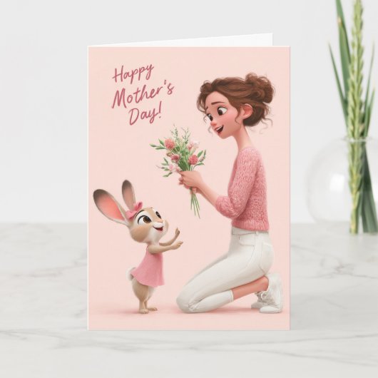 Adorable Bunny Gives Flowers for Mother’s Day Card カード (正面)