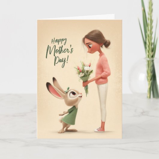 Adorable Bunny Giving Flowers Mother's Day Card カード (正面)
