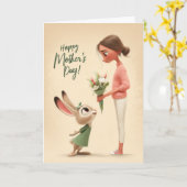 Adorable Bunny Giving Flowers Mother's Day Card カード (黄色い花)