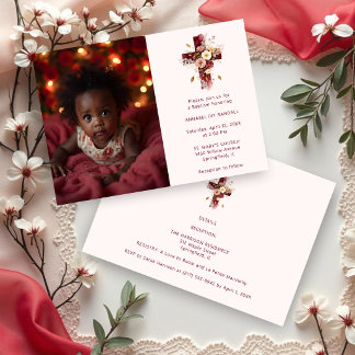 Adorable Burgundy Glitter Floral Cross Baptism 招待状