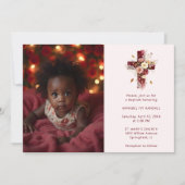 Adorable Burgundy Glitter Floral Cross Baptism 招待状 (正面)