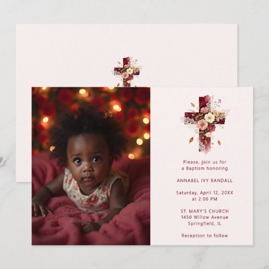 Adorable Burgundy Glitter Floral Cross Baptism 招待状 (正面/裏面)
