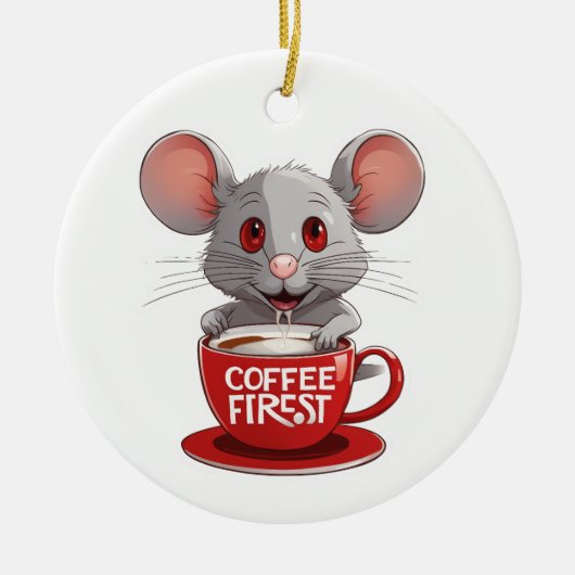 Adorable Caffeine Mouse in Red Mug セラミックオーナメント (正面)