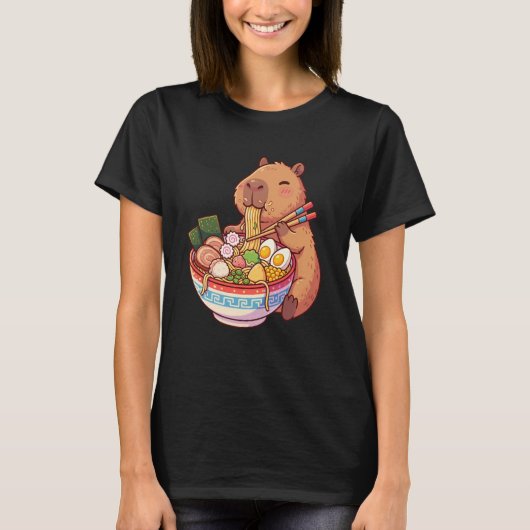 Adorable Capybara Eating Ramen Noodles Kawaii Desi Tシャツ (正面)