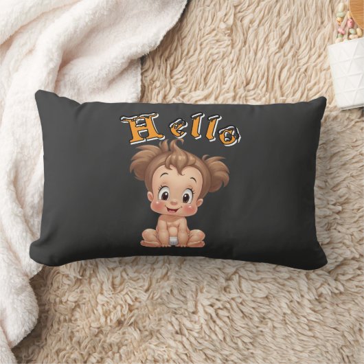 Adorable Cartoon Baby Sitting Cheerfully with Cute ランバークッション (ブランケット)