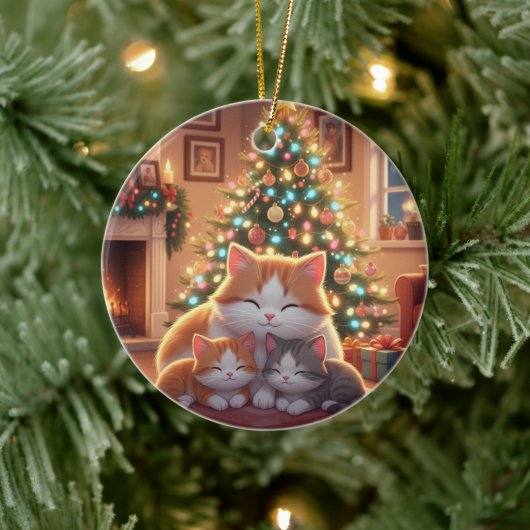 Adorable Cartoon Cat Family Christmas Tree  セラミックオーナメント (ツリー)