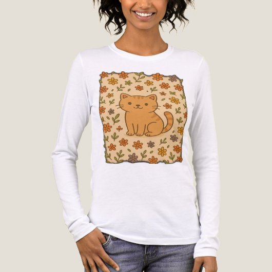Adorable Cartoon Cat with Floral Pattern トライブレンドＴシャツ (正面)