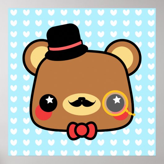 Adorable Cartoon Kawaii Bear Mustache Poster ポスター (正面)