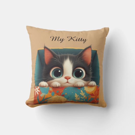 Adorable Cartoon Kitten With Big Eyes クッション (正面)