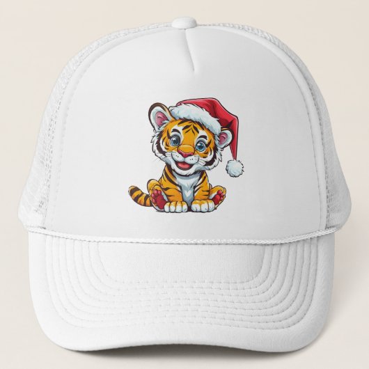 Adorable Cartoon Tiger Cub Wearing a Santa Hat キャップ (正面)