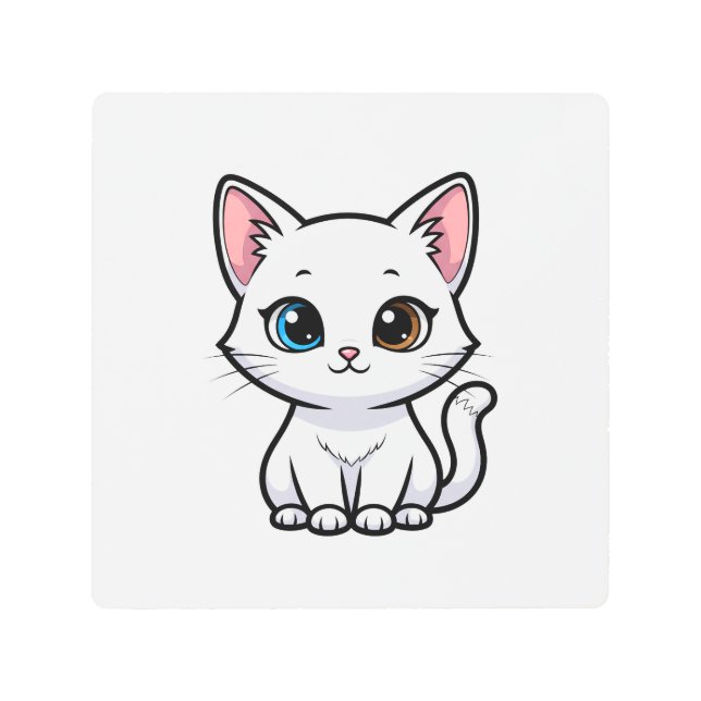 Adorable Cartoon White Cat メタルプリント (正面)