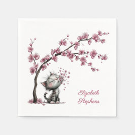 Adorable Cat and Cherry Blossoms Paper Napkin スタンダードカクテルナプキン