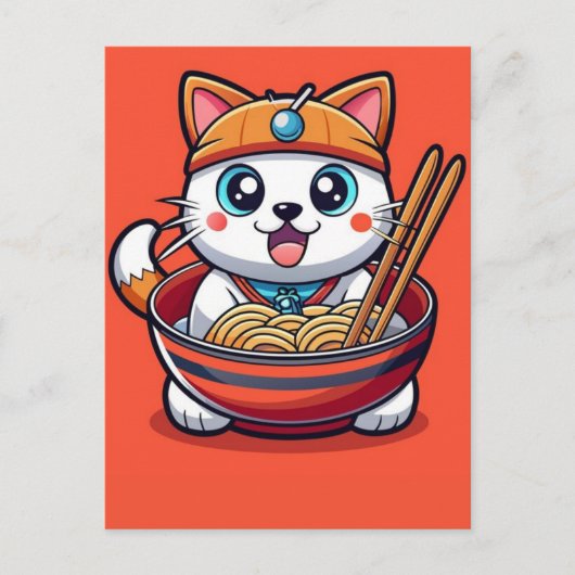 Adorable Cat Enjoying Savory Ramen Noodles Feast シーズンポストカード (正面)