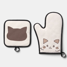 Adorable Cat Hand-Drawn  Mitt and Pot Holders 鍋つかみ&鍋敷きセット